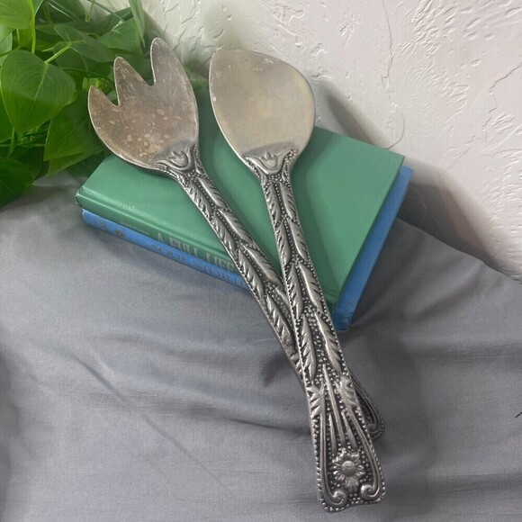 Wilton Armetale Will And Mary Pattern Large Pewter Salad Serving Spoon Set 13" - Picture 1 of 6